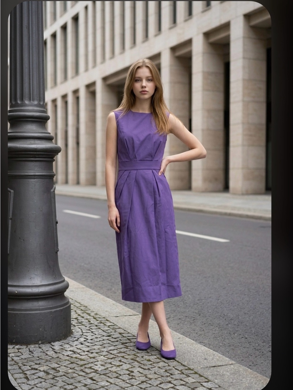 Sleeveless Purple Midi Dress with Tailored Waistband